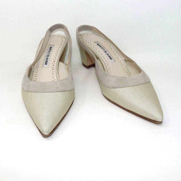 Manolo Blahnik 38 Golpeso Natural Linen & Suede Slingback Kitten Heel Mules - Picture 2 of 12